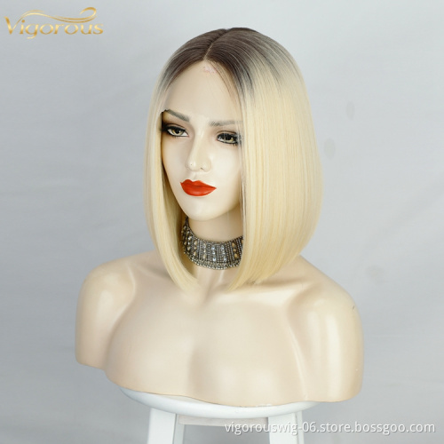 Vigorous Women Heat Resistant Blonde Ombre Straight Short Bob Wigs With Lace Front High Temperature Fiber Synthetic Wigs